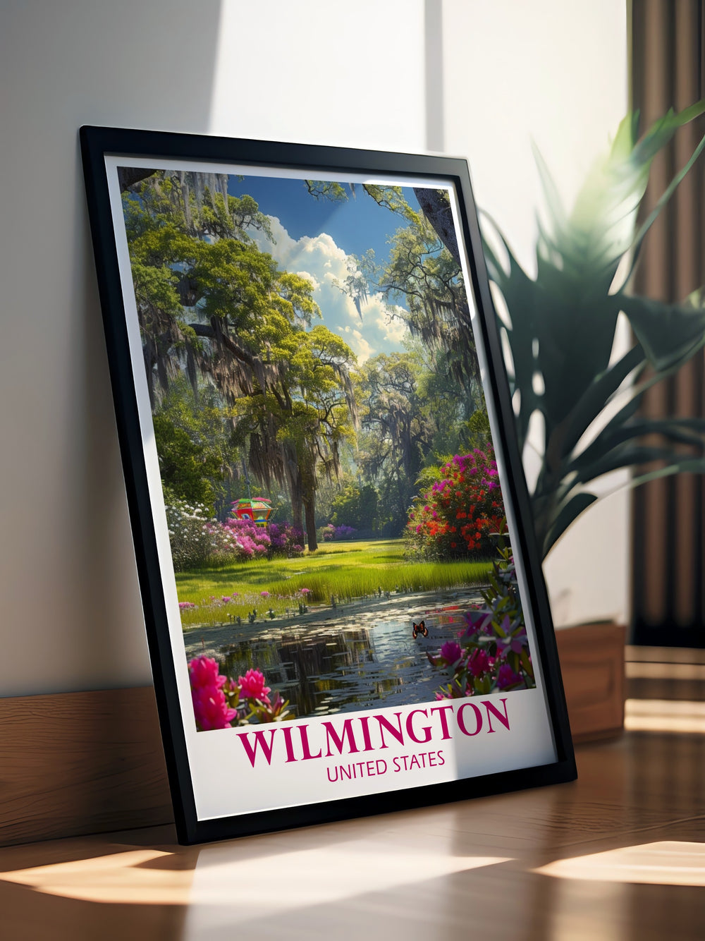 This travel poster artfully combines the serene landscapes of Wilmingtons Airlie Gardens with the bustling energy of New York. Perfect for home decor, it celebrates the unique stories of these American landmarks, inviting you to explore their beauty.