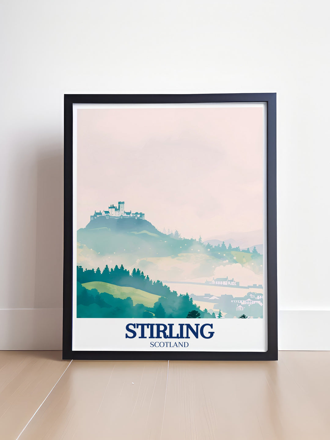 This Stirling travel poster highlights the majestic Stirling Castle and the picturesque Old Town, capturing the essence of Scotlands history. The artwork makes a wonderful addition to any room, offering a touch of Scotlands beauty and heritage.