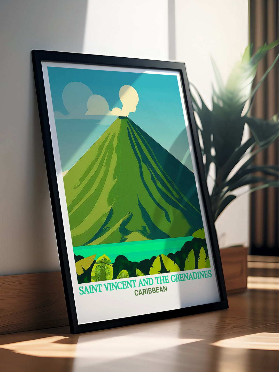 Travel print of the La Soufrière Volcano Trail in Saint Vincent, offering a glimpse into the wild and untamed beauty of the Caribbean. This piece is perfect for inspiring adventure and exploration in your space.