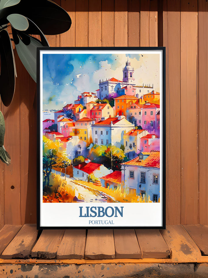 Add sophistication to your decor with our Lisbon Travel Print featuring the iconic Alfama District Miradouro das Portas do Sol a stunning piece of modern art that captures the essence of Portugals rich cultural heritage