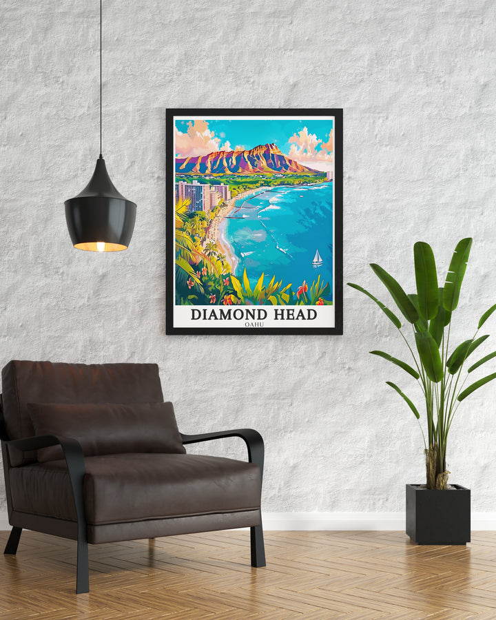 A vintage travel poster of Hawaii featuring the dramatic rise of Diamond Head above Waikiki Beach. This piece blends Hawaiis rich volcanic history with the calm, relaxing beach atmosphere. Perfect for those who appreciate retro designs and want to incorporate a piece of Hawaiis natural beauty into their home or office.