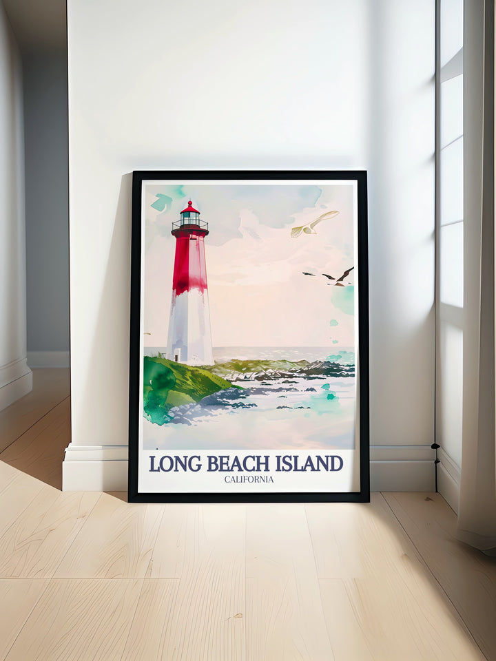 Bring the calm and beauty of Long Beach Islands Barnegat Lighthouse into your home with this elegant travel print. The black and white artwork is ideal for anyone who loves coastal landscapes and modern design, making it an excellent wall art choice.