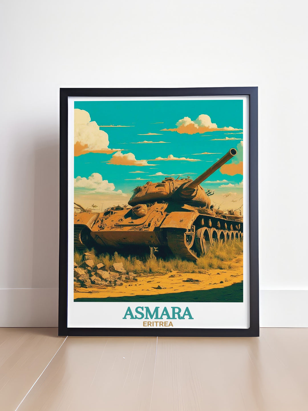 Stunning modern art print of Tank Graveyard set against Asmara cityscape, perfect for collectors of unique historical artworks.
