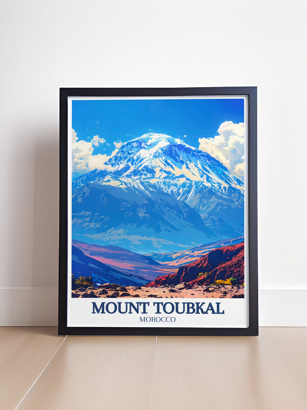 High Atlas mountains home décor print highlighting the serene beauty and rugged terrain of Moroccos iconic region from Mount Toubkal to lush valleys perfect for trekking enthusiasts and anyone who loves the adventure and natural wonders of North Africa.