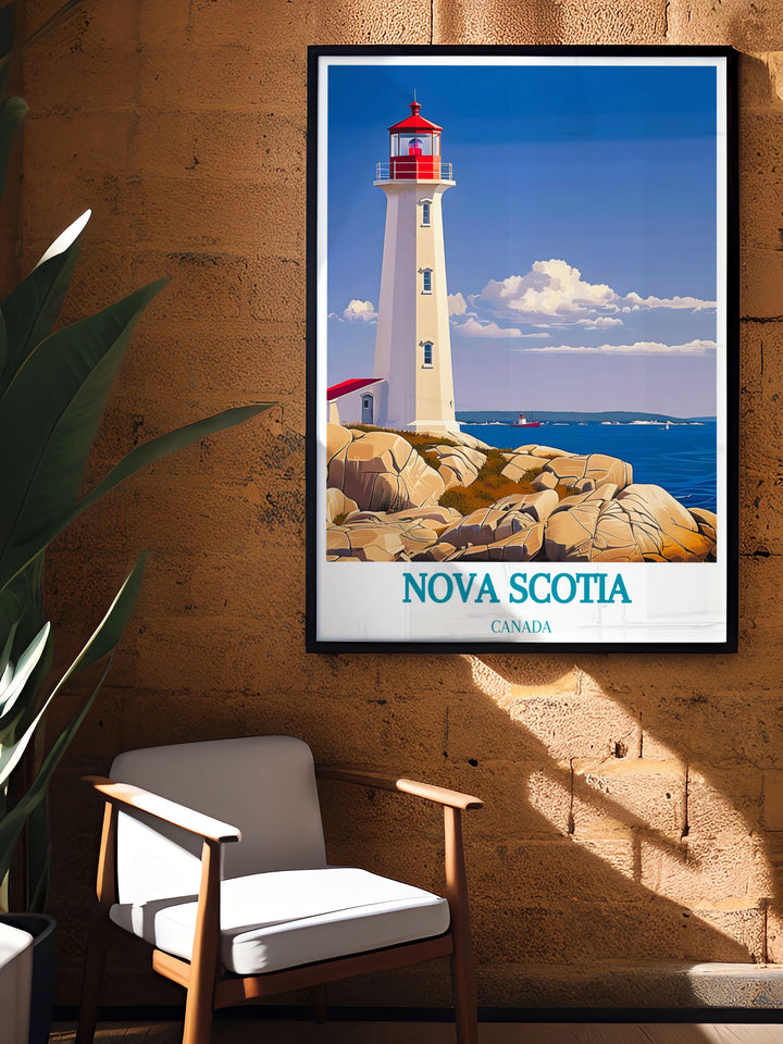 Peggys Cove artwork featuring a stunning illustration of Nova Scotias coastline. Perfect for modern home decor, this print celebrates Canadian beauty and makes a meaningful gift for travelers and art lovers alike.