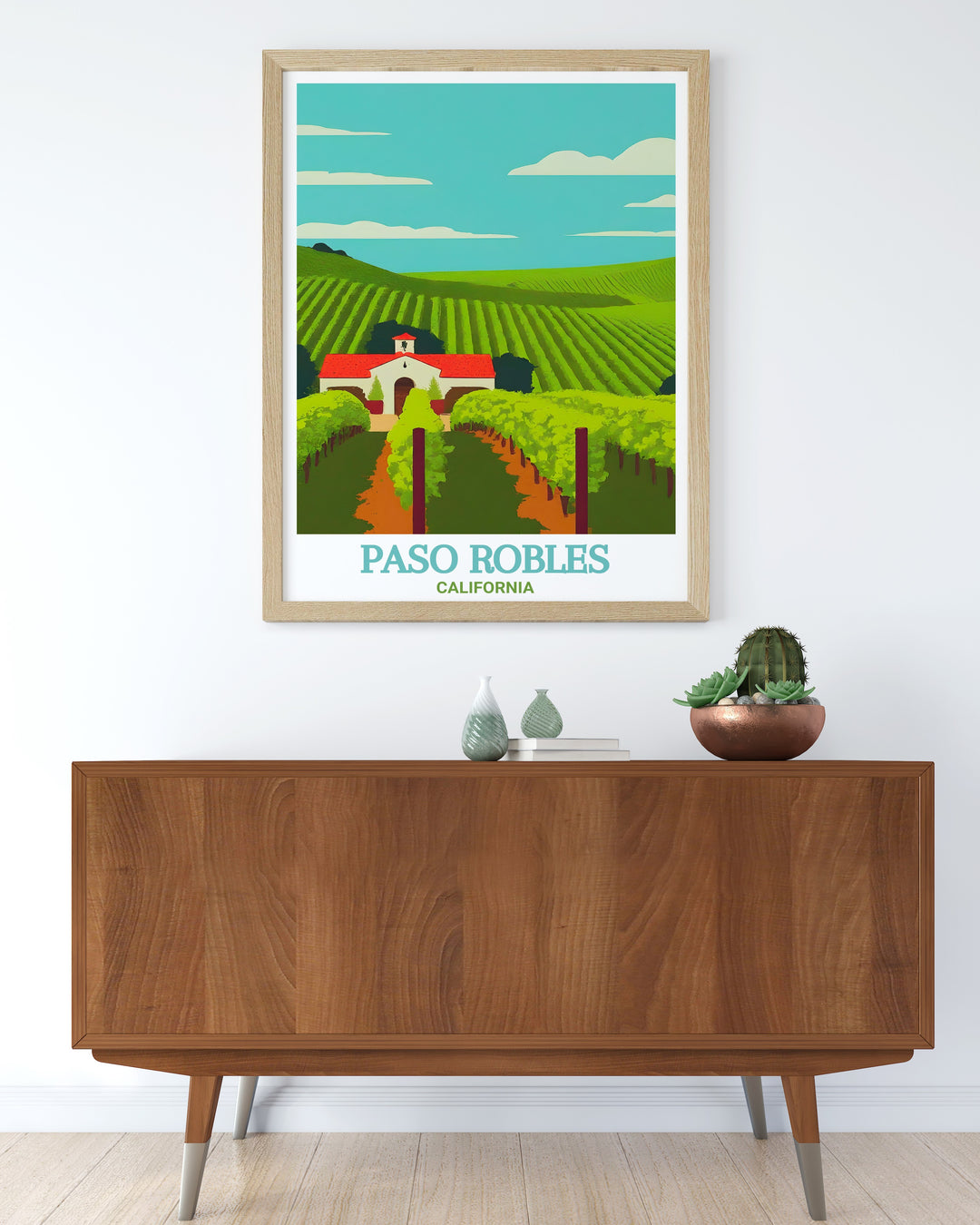 This travel poster of Paso Robles Wine Country captures the beautiful landscape of one of Californias premier wine regions. Featuring rolling vineyards under the golden California sun, this print brings the warmth and serenity of Paso Robles right into your living space.