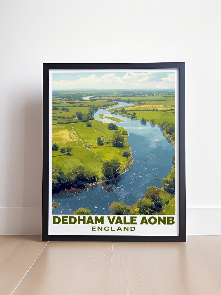 Experience the peaceful landscape of Dedham Vale AONB with this travel print, showcasing the scenic terrain and the iconic Stour River. Ideal for anyone who loves the British countryside, this canvas art adds a touch of natural elegance to any space.