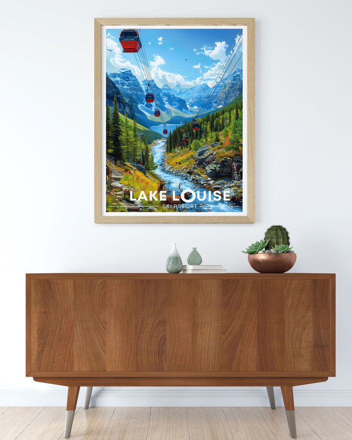 An art print of Lake Louise and its ski resort, showcasing the serene environment and vibrant colors, making it a beautiful addition to any room.