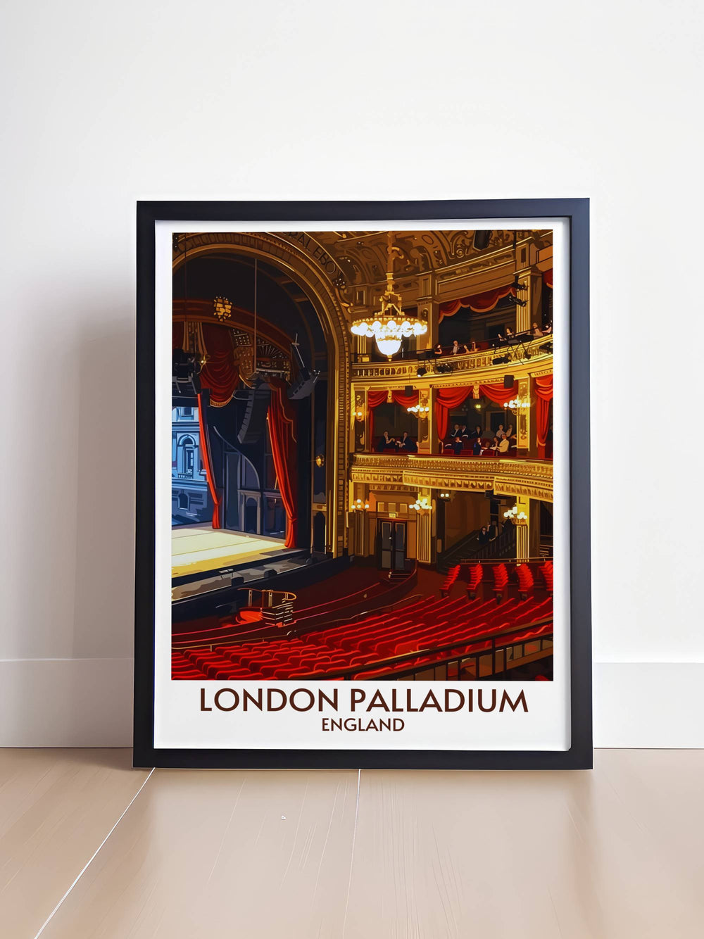 Elegant Royal Box and VIP area Palladium Framed Print capturing the grandeur of Londons famed theatre. This stunning artwork features the Art Deco design of the Palladium, celebrating its rich history and role in West End musicals. An ideal gift for theatre fans and London history enthusiasts.