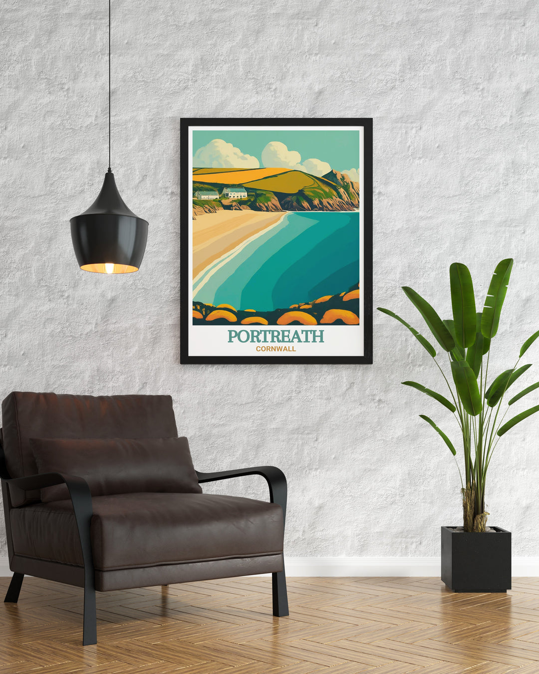 This detailed print of Portreath Beach showcases the natural beauty of Cornwalls coastline. The artwork features the beachs sandy shores and surrounding cliffs, creating a sense of peace and serenity. Perfect for adding a touch of Cornwalls charm to your home, this print is a beautiful tribute to the English coast.