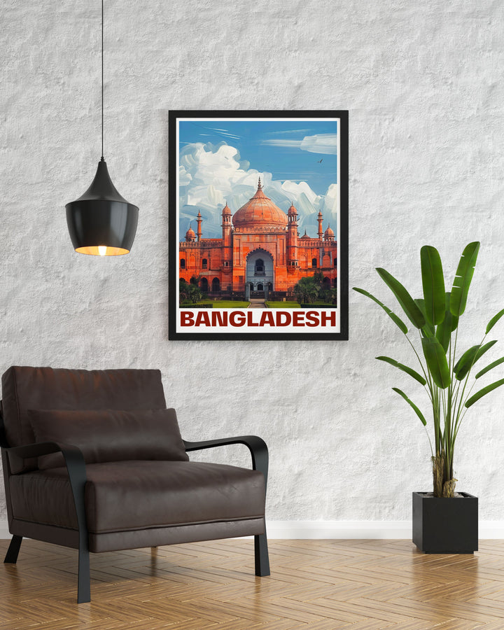 This art print captures the historic grandeur of Lalbagh Fort in Dhaka, showcasing its intricate Mughal architecture and lush gardens. Perfect for adding a touch of historical elegance to your home decor.
