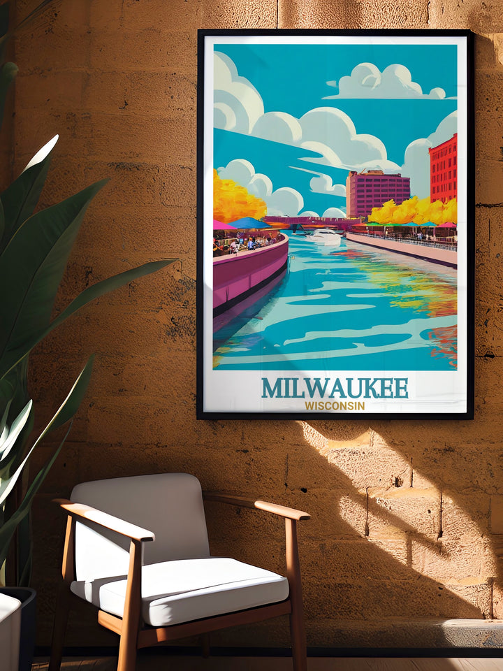 Our Milwaukee Riverwalk canvas art highlights the blend of modern architecture and natural beauty along the river, offering a perfect focal point for any room. The intricate details and bold colors bring Milwaukees charm to life.