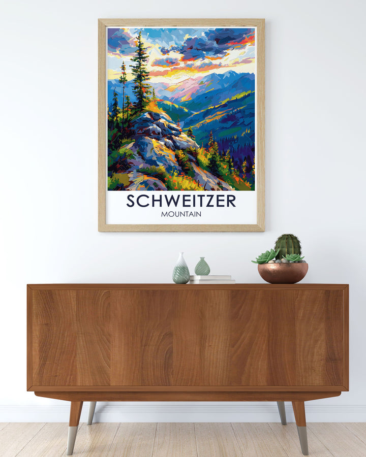 Gallery wall art piece depicting the adventurous spirit of Schweitzer Mountain with its year round outdoor activities, perfect for an inspiring home decor.