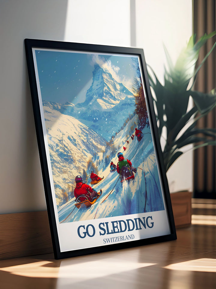 Framed art print illustrating a fun filled winter day in Zermatt, with detailed illustrations of sledders on the slopes of Gornergrat.