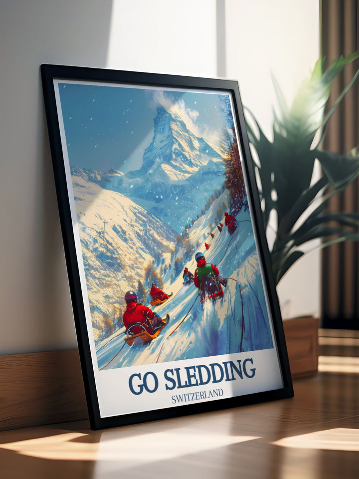 Experience the charm of Zermatt in winter with this Sledding Art Print. Whether youre a fan of sledding, snowboarding, or simply admire the beauty of the Swiss Alps, this poster adds a touch of adventure to your home.