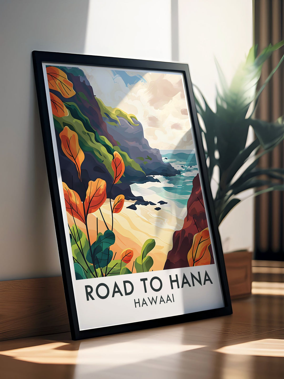 Wainapanapa State Park modern prints showcase the unique black sand beaches and stunning coastal views of this Maui gem. Ideal for elegant home decor, these prints bring the raw beauty of Hawaii into any room.