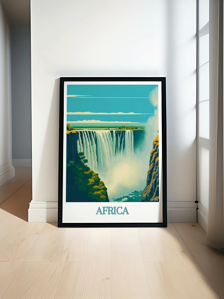 Uganda Travel Poster showcasing the breathtaking Bwindi Impenetrable Forest and the majestic Mountain Gorilla complemented by the stunning beauty of Victoria Falls perfect for adding a touch of adventure and natural elegance to your home