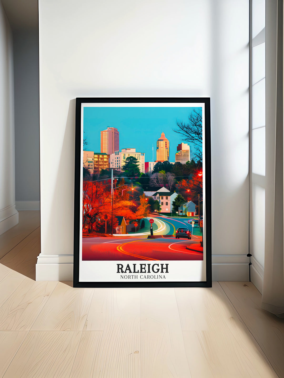 Striking Raleigh poster illustrating the citys dynamic skyline and the innovative spirit of the Research Triangle. The print celebrates North Carolinas architectural beauty and intellectual achievements, making it an excellent piece for any travel art collection