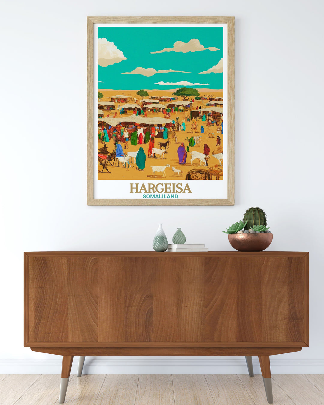 The Livestock Market in Hargeisa is a bustling hub of activity, and this travel poster captures its essence beautifully. Ideal for those who appreciate the vibrancy of African markets and traditions, this canvas art celebrates Somali culture.