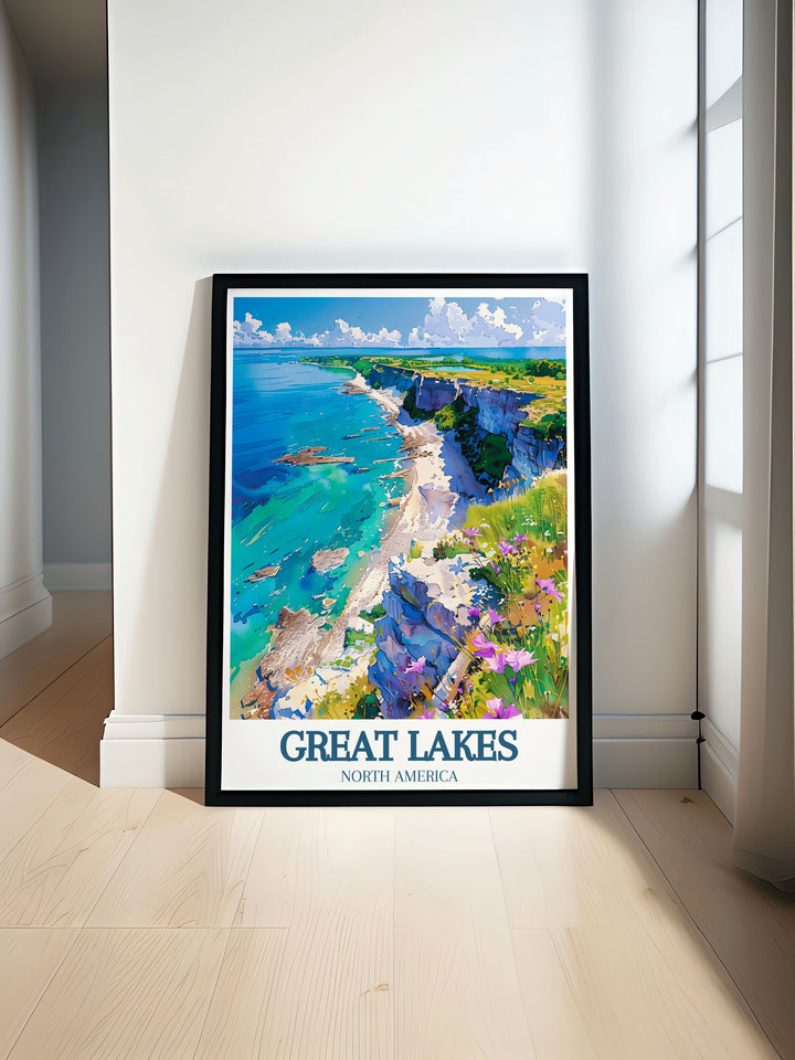 Showcasing the diverse beauty of the Great Lakes region, this travel poster captures Lake Eries expansive waters and vibrant coastal towns, ideal for adding a touch of adventure to your decor.