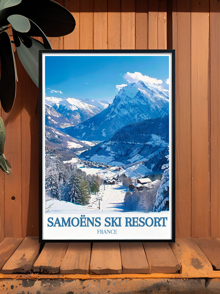 Beautiful Skiing Illustration of Mont Blanc Grand Massif French Alps ideal for creating an adventurous atmosphere in your living space a perfect gift for skiing enthusiasts and elegant home decor