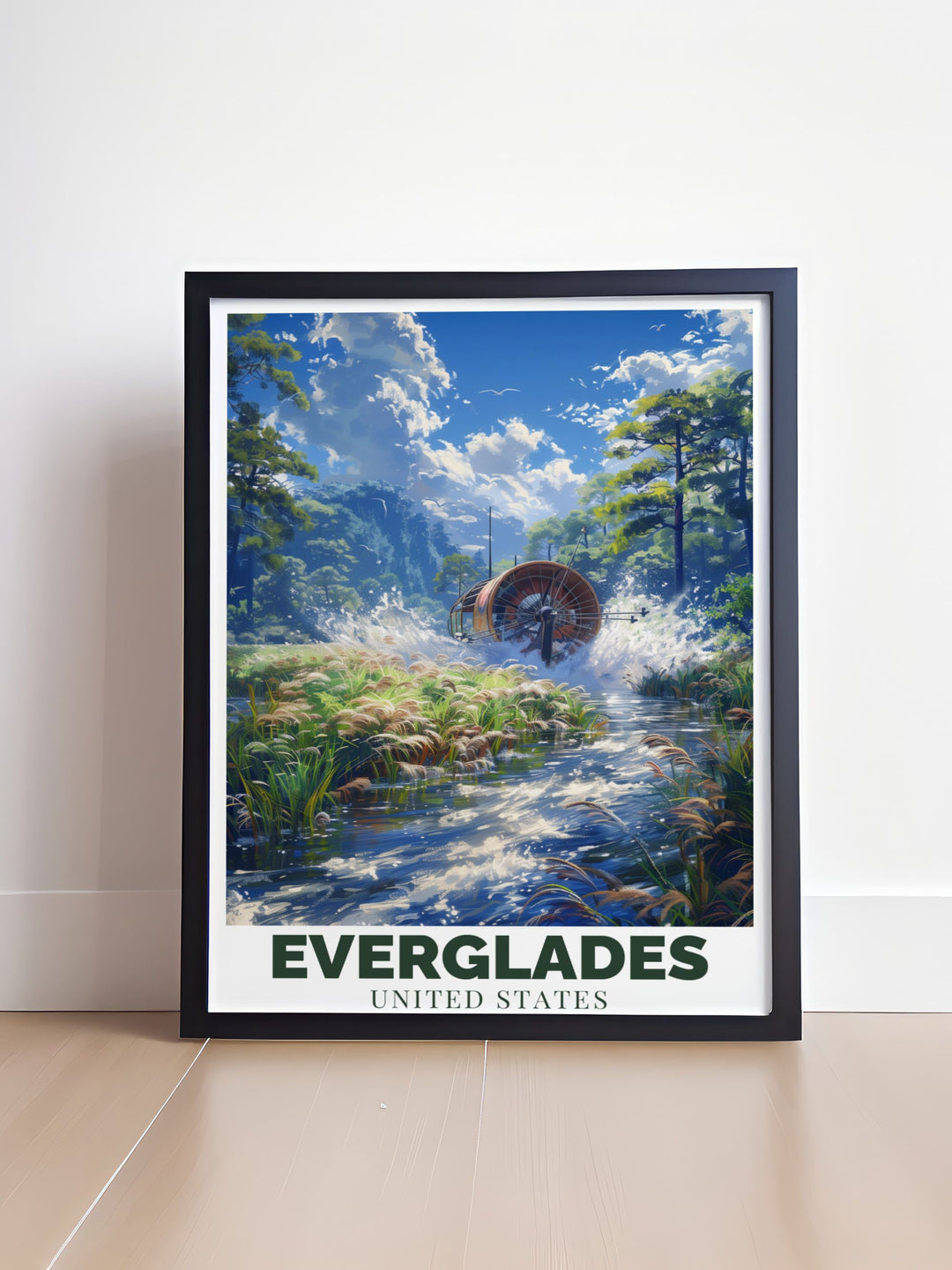 Travel Poster depicting the serene beauty of the Everglades. Ideal for nature lovers and adventurers. This print highlights the unique landscapes of the National Park and includes the exciting Airboat ride through the 10K islands experience.