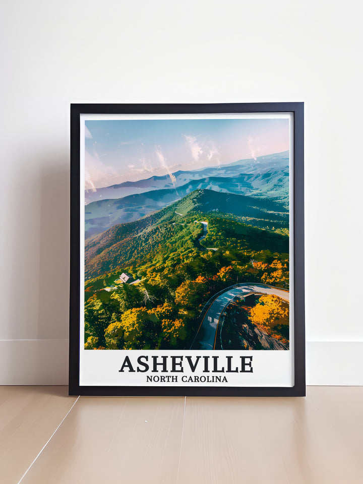 Asheville Print showcasing the Blue Ridge Parkway and Blue Ridge Mountains in a fine line map design with vibrant colors perfect for adding a touch of elegance to your living space or as a unique gift for birthdays anniversaries or holidays.