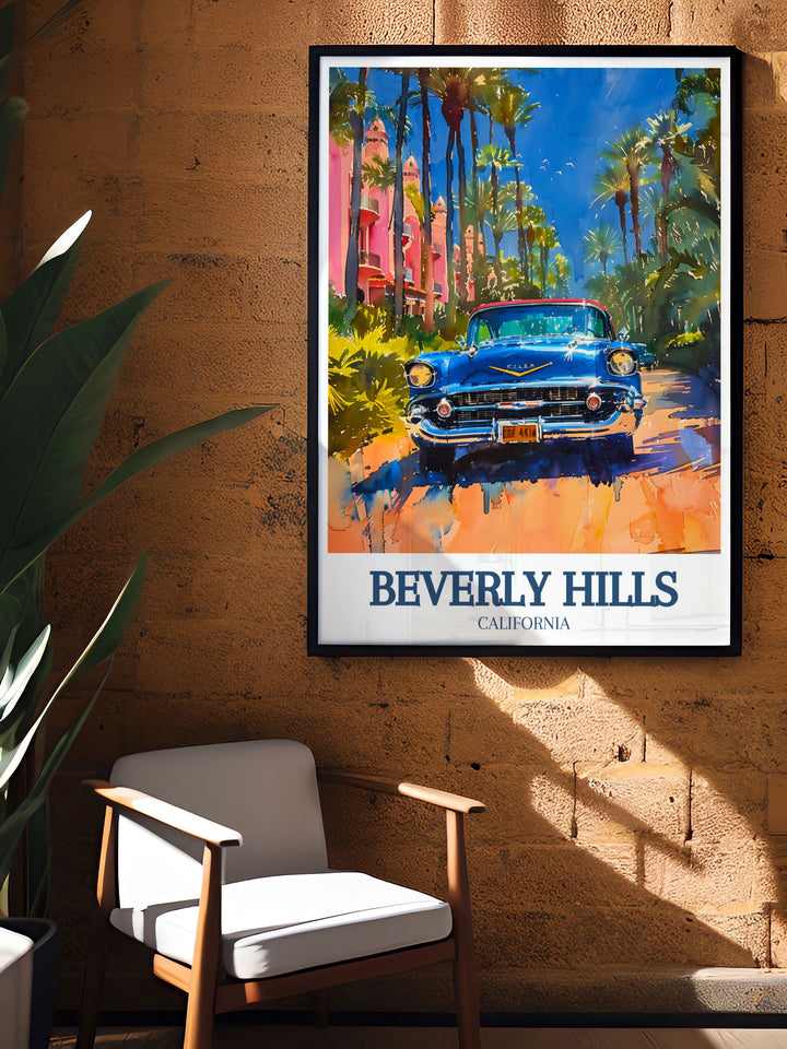 High quality California painting of the Beverly Hills Hotel and Hollywood, capturing the stunning beauty and vibrant energy of these famous locations. Ideal for art lovers who appreciate both luxury and culture.