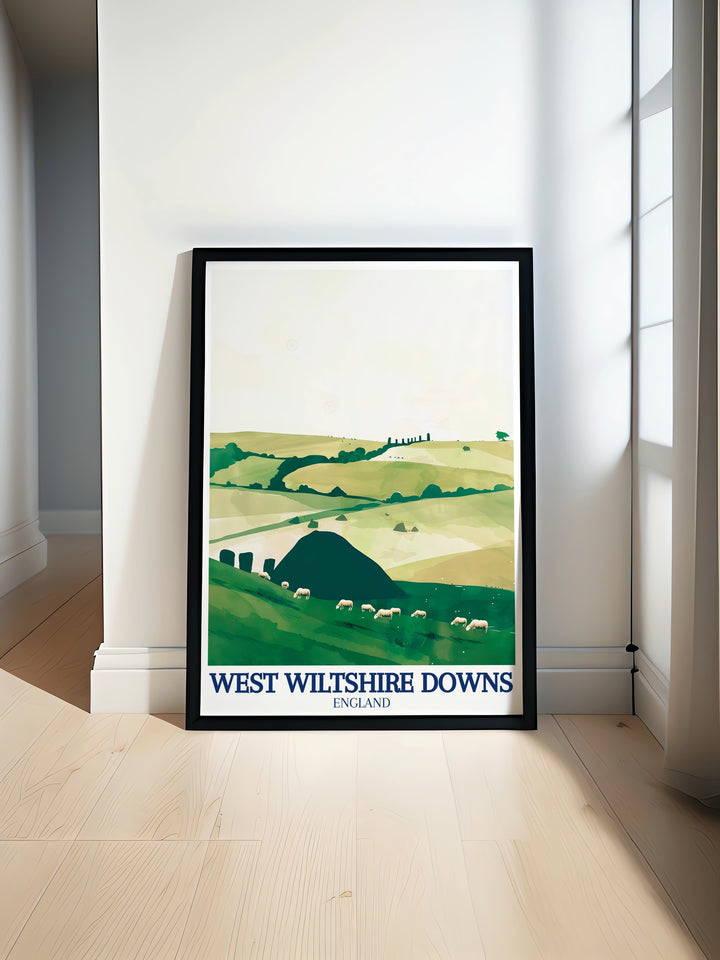 Stunning UK travel poster featuring Silbury Hill and Avebury Henge perfect for adding elegance to your living room or office space ideal for vintage travel print enthusiasts and history lovers