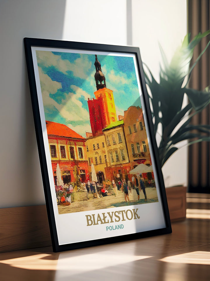 Poland Wall Poster showcasing Kościuszko Market Square highlights the lively cultural scene of Białystok. This detailed print makes a stunning addition to any space, offering a rich visual journey through Polands historic architecture.