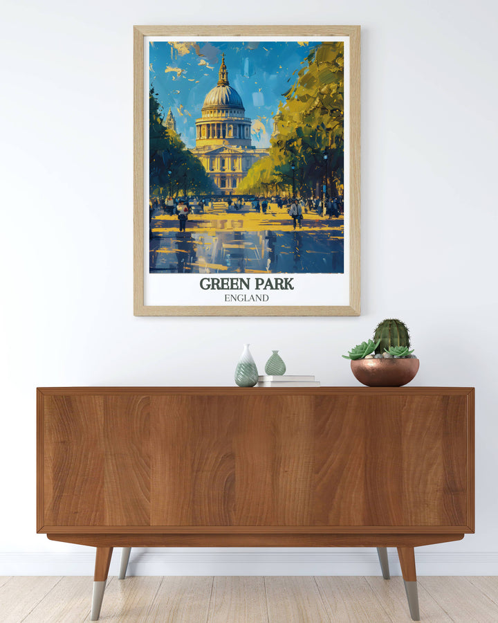 Constitution Hill framed print displaying the scenic beauty of Green Park London with its tranquil landscapes and historic significance a must have for collectors of London wall art and vintage travel prints.