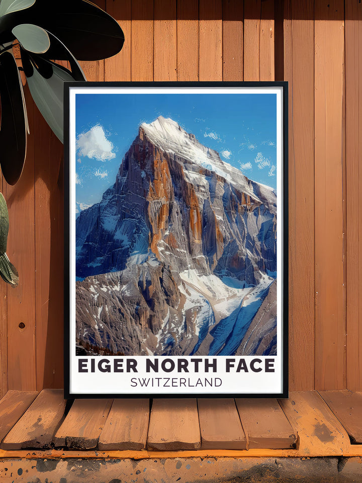 Vintage travel print of Eiger and Monch Switzerland capturing the stunning alpine landscape ideal for those who love retro travel posters and want to bring a sense of adventure and natural beauty to their home decor.