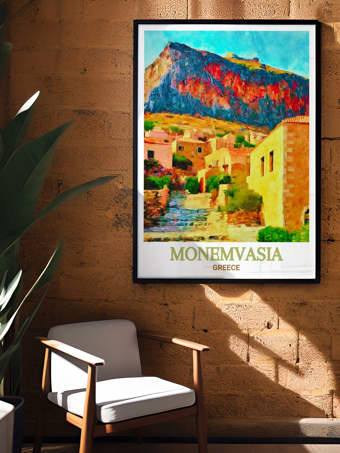 Monemvasia Poster Print showcasing the breathtaking medieval fortress town of Monemvasia in Greece, with its intricate stone architecture and stunning sea views. This artwork captures the essence of Greeces historic beauty, making it perfect for travel enthusiasts and history lovers alike.