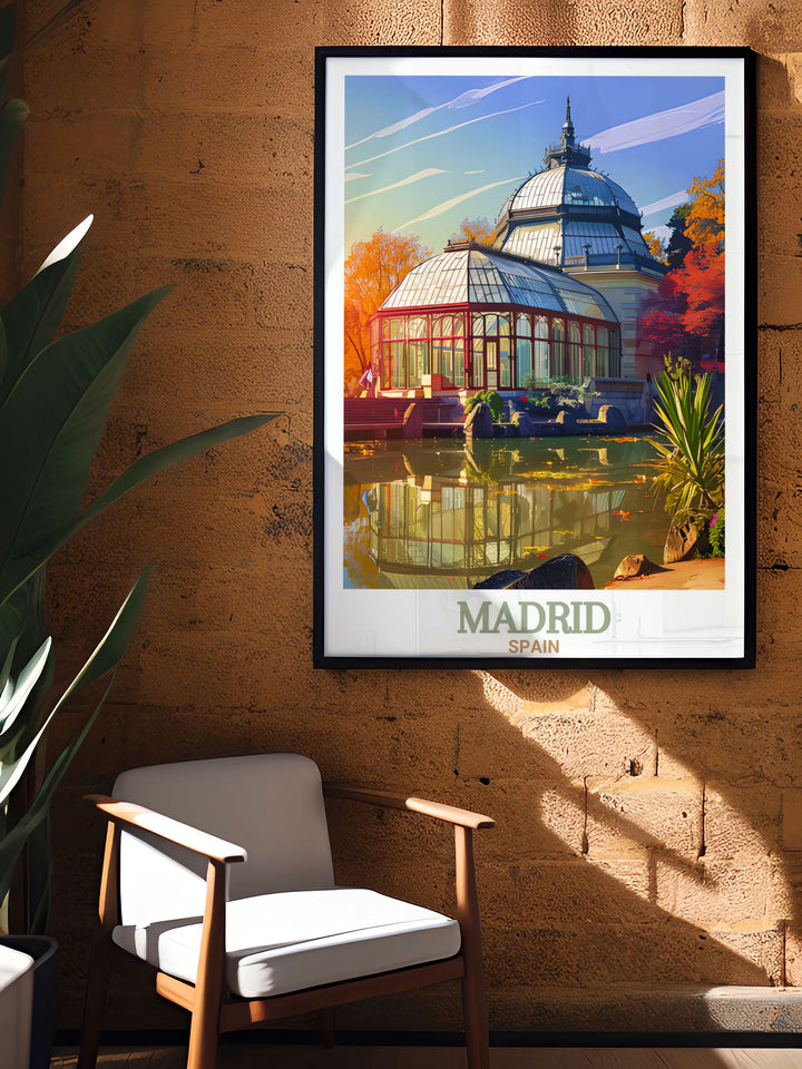 This Retiro Park artwork adds a touch of Madrids elegance to your home. With its modern design it captures the serene beauty of the park in a stylish way making it a great addition to any room and a perfect piece of Spanish wall art.