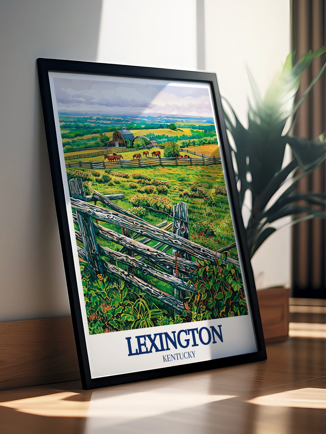 Framed Lexington posters highlighting the Lexington skyline and iconic Walk Across Kentucky Bluegrass region perfect for home or office decor