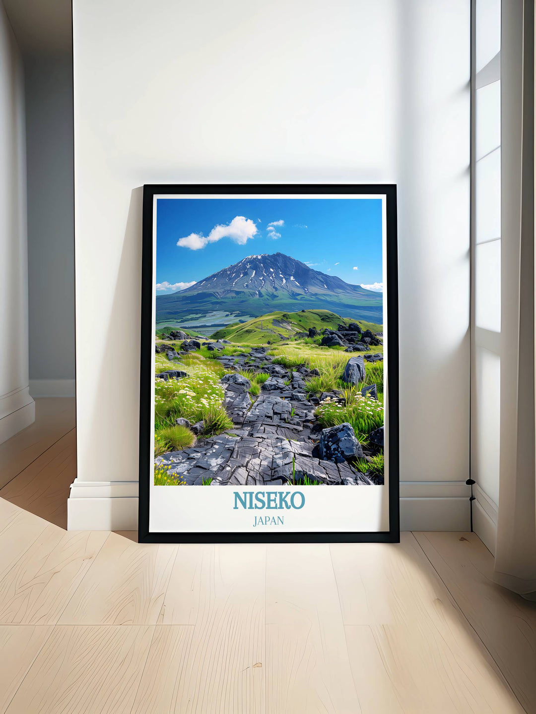 Snowboarding Poster with Mount Yotei and Niseko Japan featuring retro travel print style and capturing the excitement of winter sports in a classic design perfect for home decor