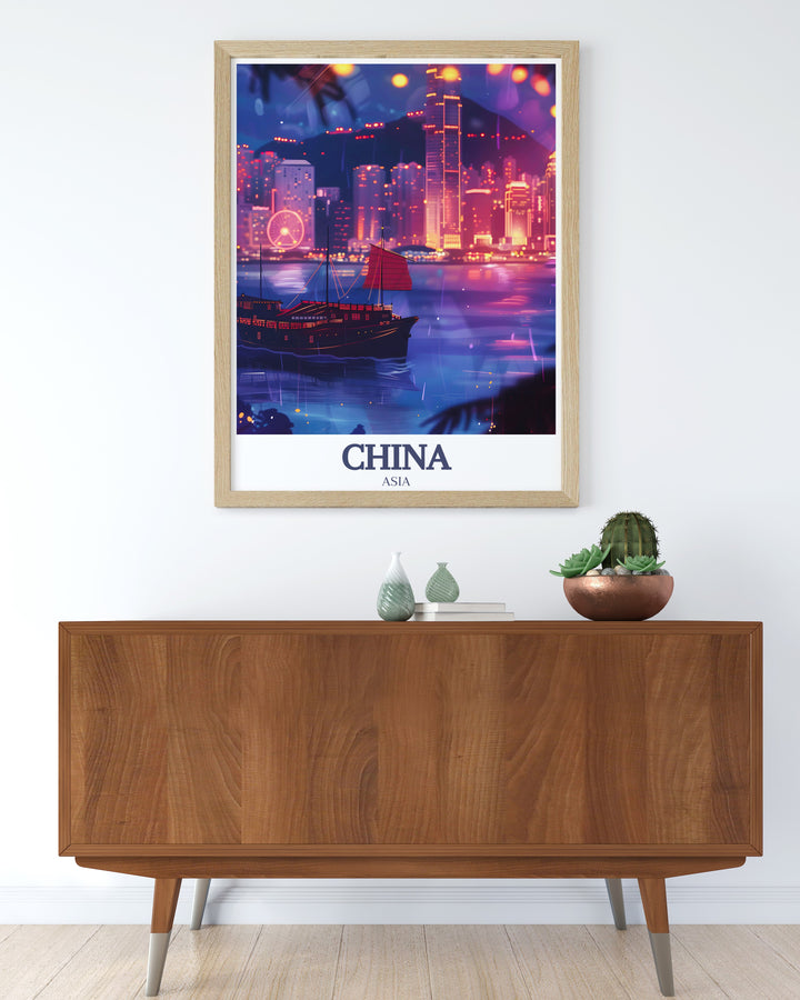 This Hong Kong canvas art offers a detailed view of Victoria Harbours skyline, capturing the vibrant energy of the citys waterfront. The serene waters juxtaposed with towering skyscrapers make this China poster print an elegant addition to any decor. Ideal for travel lovers, this artwork adds a touch of Hong Kongs charm to your living space.