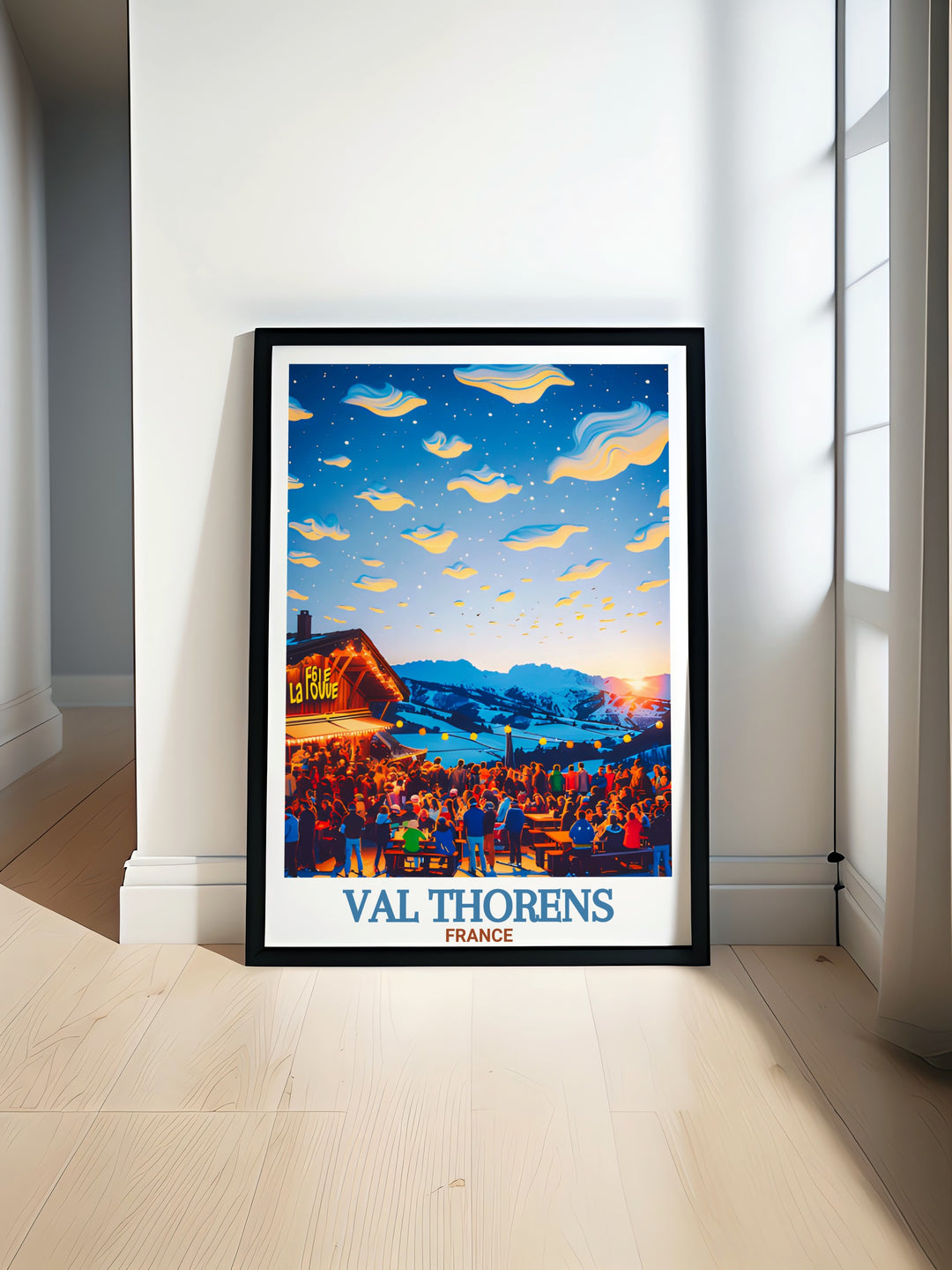 Val Thorens ski poster print featuring La Folie Douce perfect for adding skiing wall art to your home or office a beautiful vintage ski poster showcasing the stunning slopes and atmosphere of this famous ski resort bringing alpine charm to your decor.