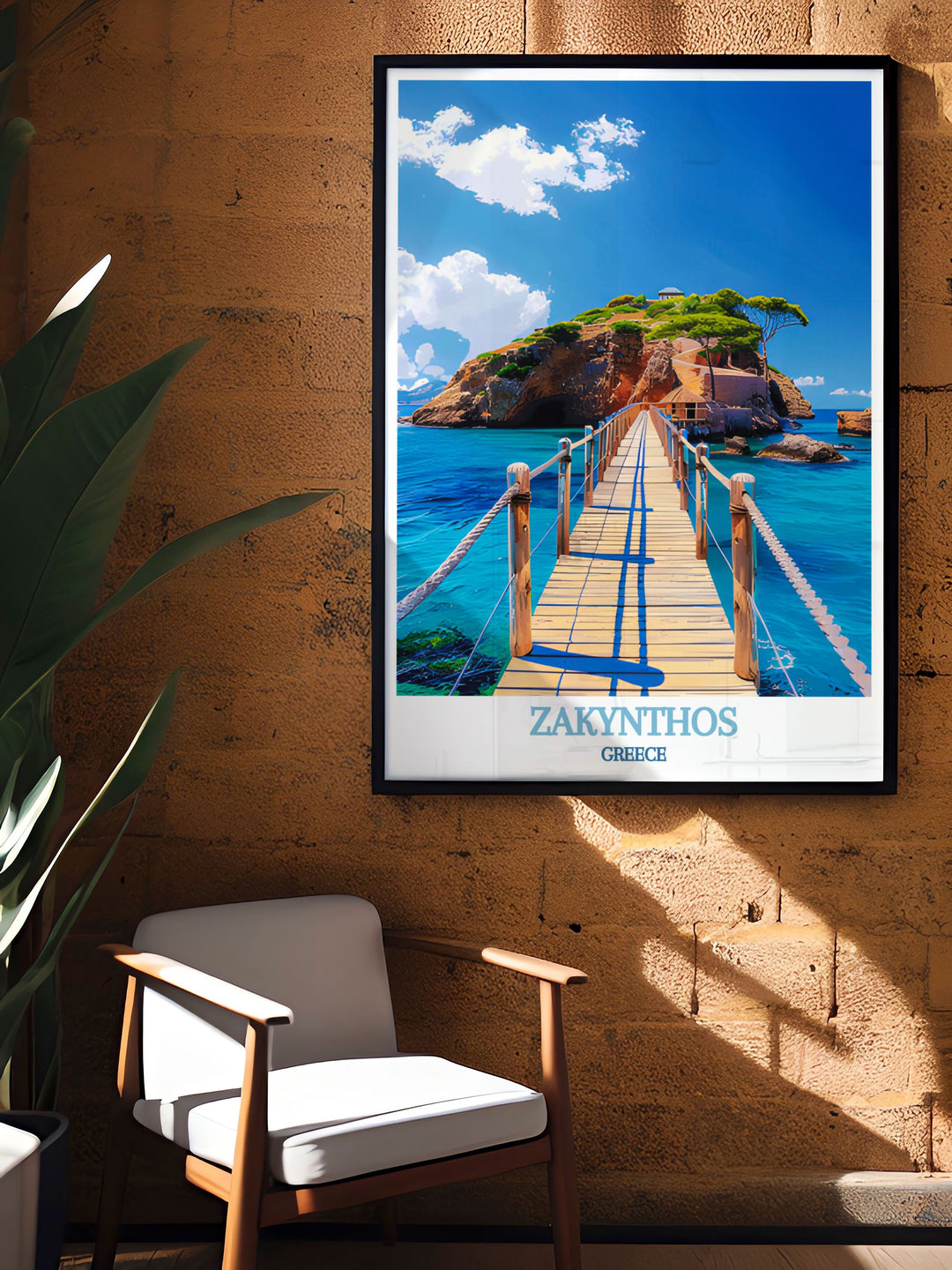 Zakynthos Poster featuring the picturesque scenery of Cameo Island and the lively streets of Zakynthos Town, ideal for those seeking Greece Island Art to adorn their walls.