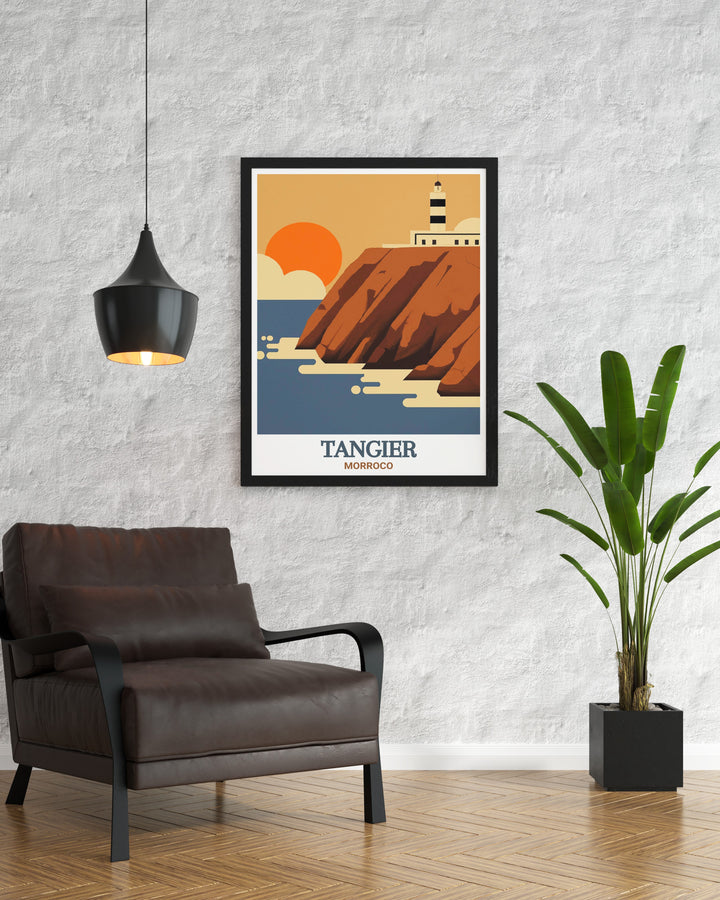 This Morocco travel poster highlights the stunning Cap Spartel in Tangier, offering a unique blend of cultural and natural beauty. The wall art is perfect for anyone looking to add a global touch to their home décor.