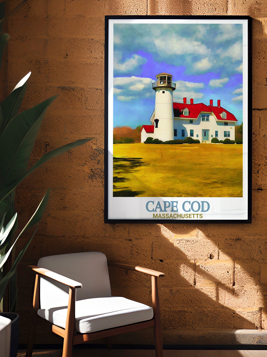 Our Chatham Lighthouse travel print captures the serenity of Cape Cods coastline. This artwork highlights the beauty of this famous lighthouse and its surrounding scenery, making it an ideal addition to beach themed decor or a perfect travel gift.