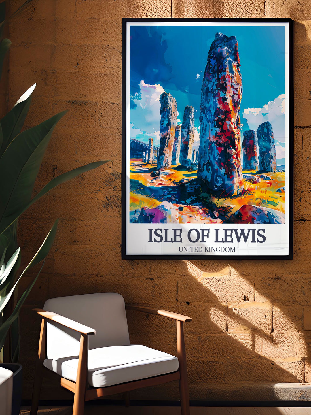 An enchanting Isle of Lewis poster print showcasing the stunning landscapes of the Outer Hebrides. This artwork highlights the majestic Callanish Stones against the dramatic sky, inviting viewers to appreciate Scotlands rich history and natural beauty.