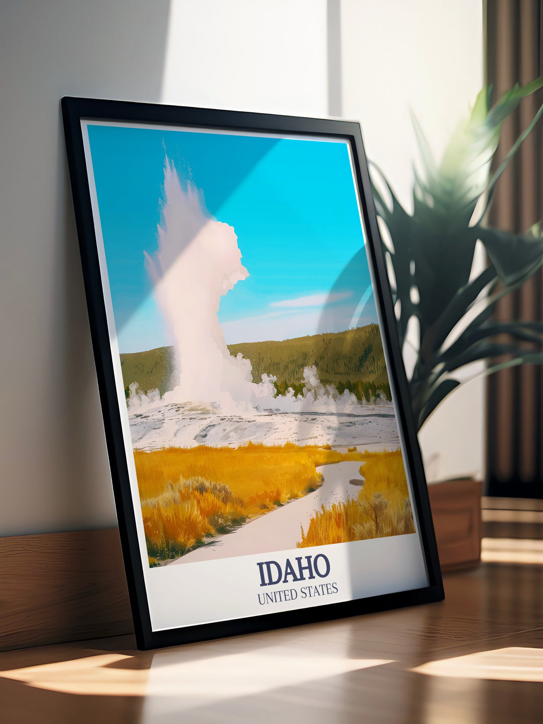 A striking Idaho travel poster that features the awe inspiring Old Faithful Geyser. Known for its regular eruptions, this geyser is beautifully depicted, making this print an ideal gift for nature and travel enthusiasts.