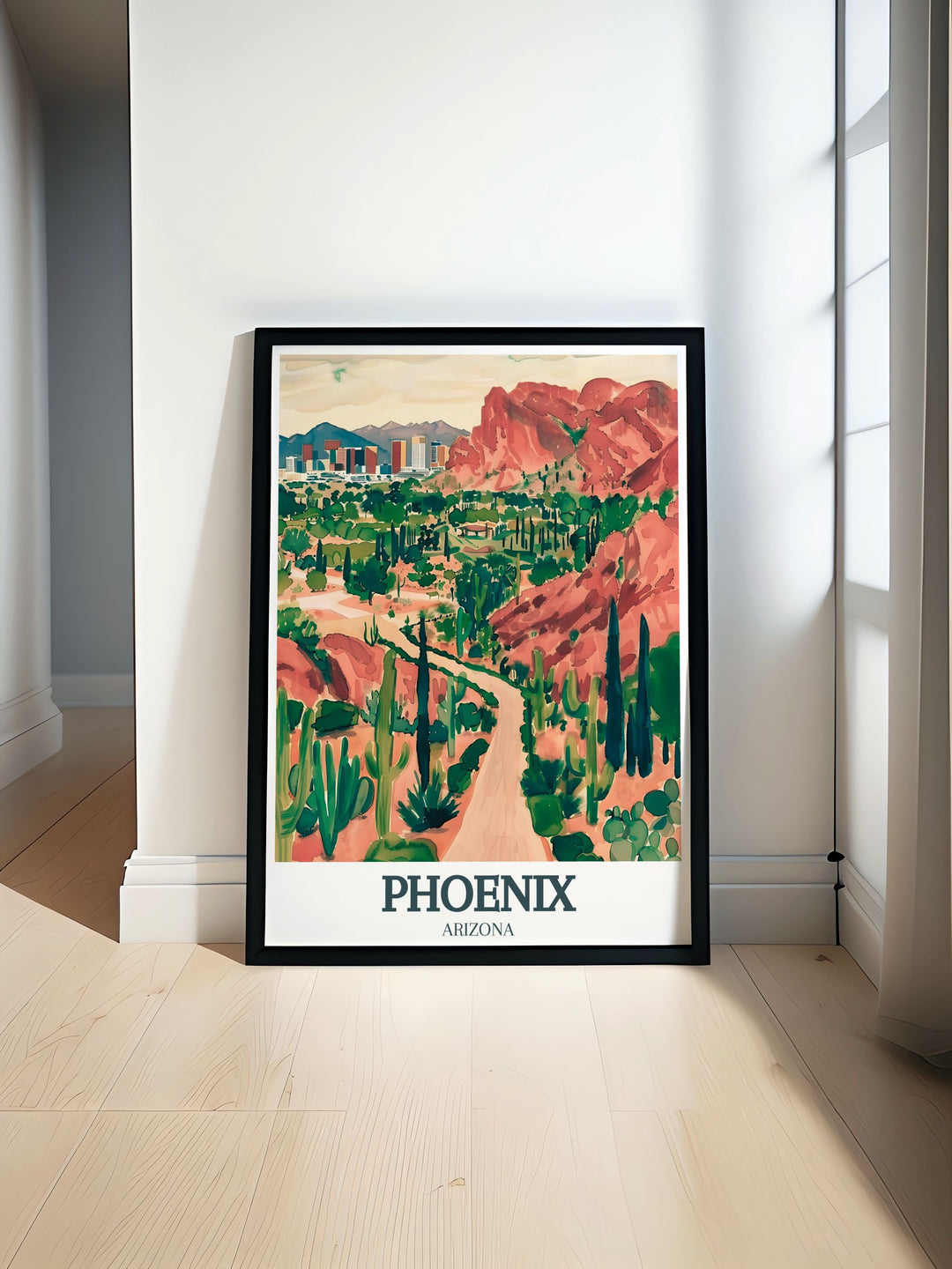 Phoenix Poster Print featuring the iconic Camelback Mountain and the Desert Botanical Garden. This travel print captures the rugged beauty of Arizonas landscapes, perfect for adventurers and nature enthusiasts alike.