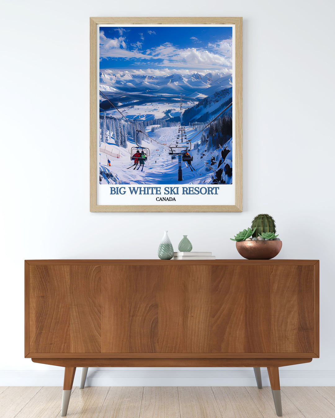 Vintage inspired poster of The Cliff Chair at Big White, blending nostalgic charm with contemporary design elements, capturing the timeless beauty of the Rockies and the thrill of Canadian ski culture.