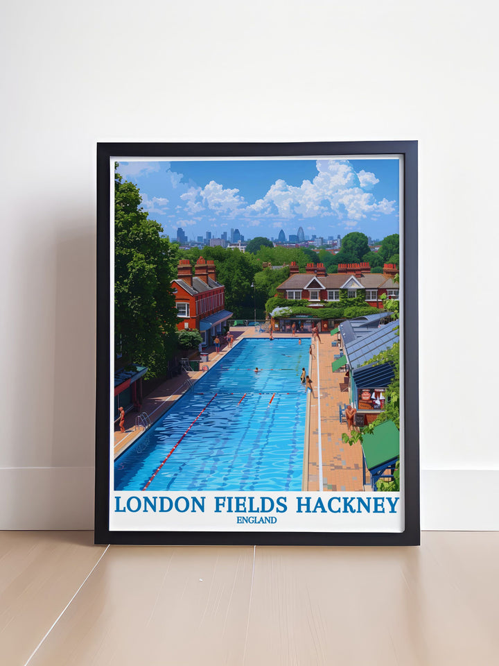 Featuring the scenic paths and historic features of London Fields, this poster showcases the parks inviting landscapes, perfect for those who cherish urban green spaces.