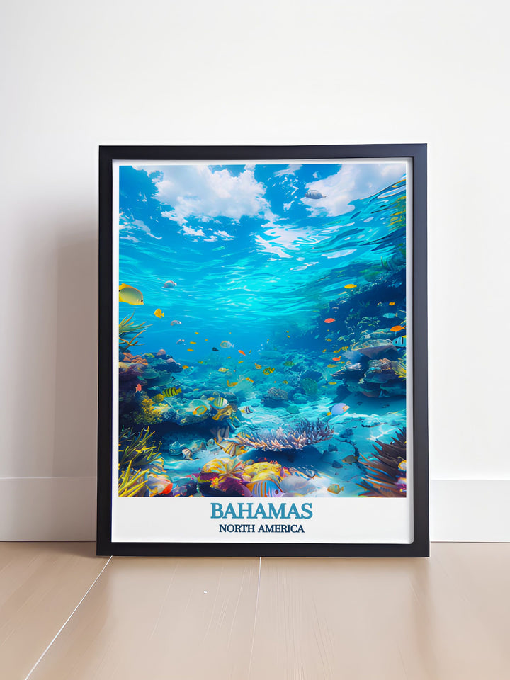 Exuma Cays framed art portraying the crystal clear waters and lush green islands, offering a spectacular view of this protected marine area in the Bahamas.