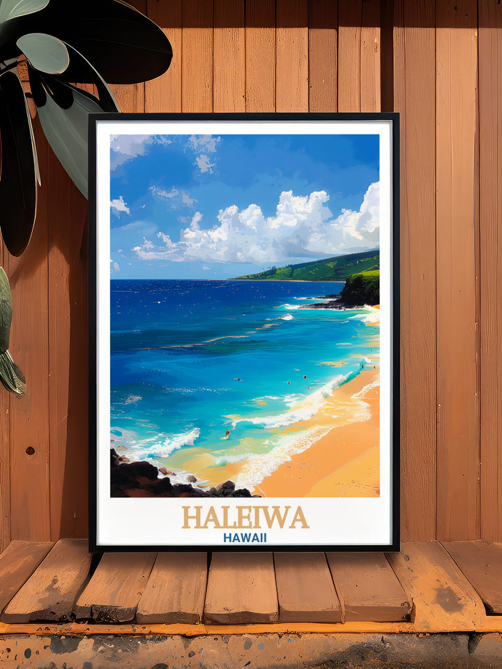 This stunning Waimea Bay poster showcases the iconic Haleiwa skyline with a vibrant color palette perfect for any home decor Whether as a personalized gift or for your own space this Hawaii travel print offers a unique and stylish way to decorate