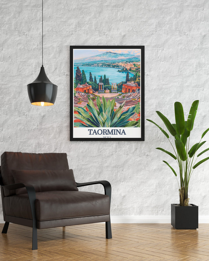 Captivating Taormina travel poster featuring the Ancient Theatre of Taormina and Isola Bella. This Italy print offers a vibrant depiction of Taorminas picturesque landscape, making it a perfect addition to any home decor.