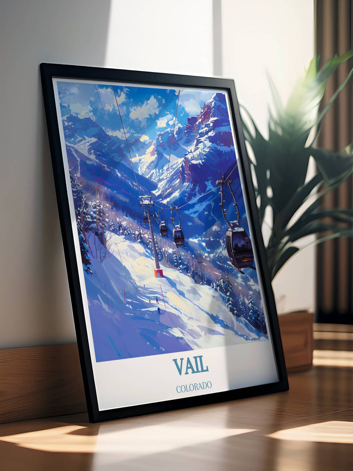 Colorado travel poster depicting Vail Ski Resort, a premier ski destination. Captures the excitement and beauty of Vail, inspiring dreams of winter adventures.